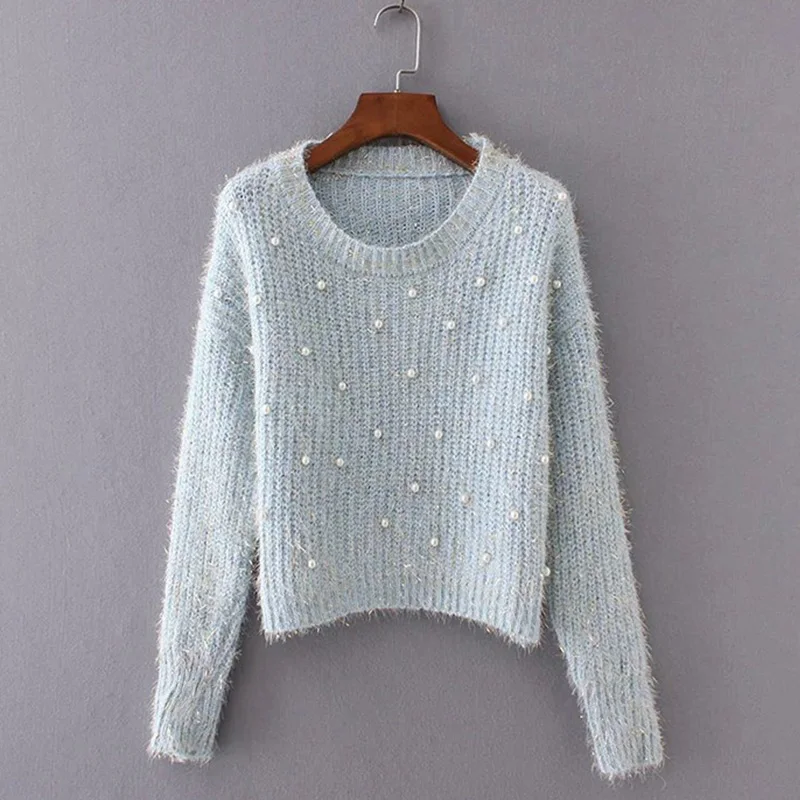 Women's Beading Pearl Fluffy Sweater Crop Top O neck Knitted Slim Pullover 2018 Autumn Winter Warm Fashion Casual Woman Sweaters
