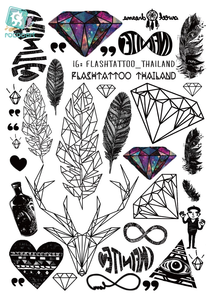 Rocooart A6080-201 الكبير الأسود tatuagem Taty هيئة الفن المؤقتة لصاقات وشم ريشة قوس قزح الماس بريق تاتو ملصقا