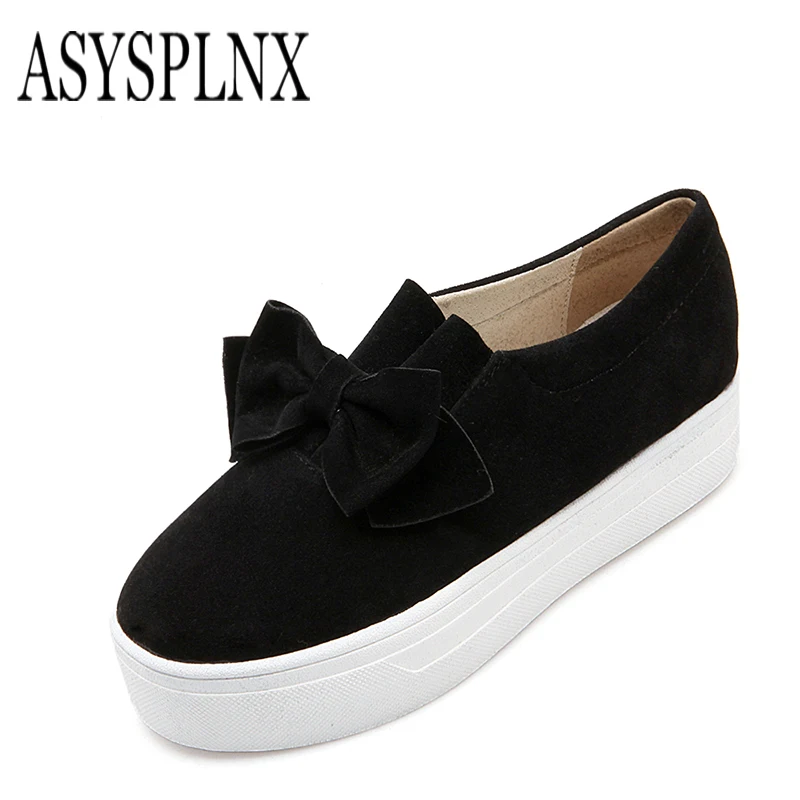 

ASYSPLNX brand 2017 spring new fashion round toe bow tie ladies shoes for woman,black brpwn platform women flats free ship