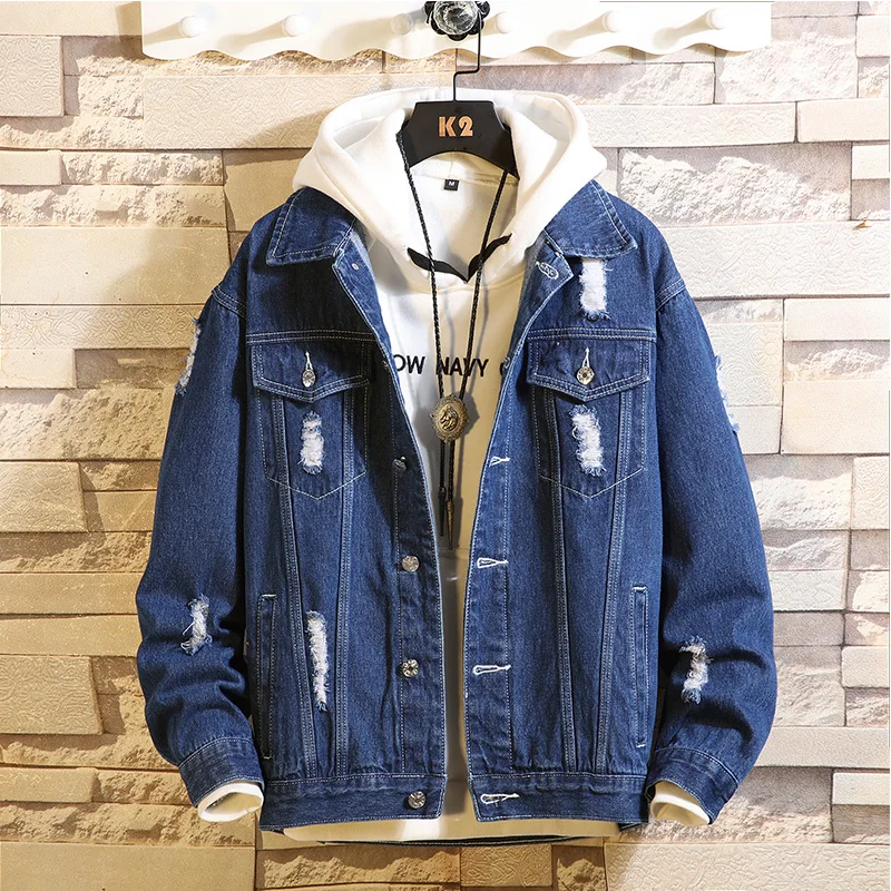 

High quality Jacket Men's Denim clothing man coats Fashion Jeans Jacket Casual loose Ripped Holes Vintage Bomber Denim Jackets