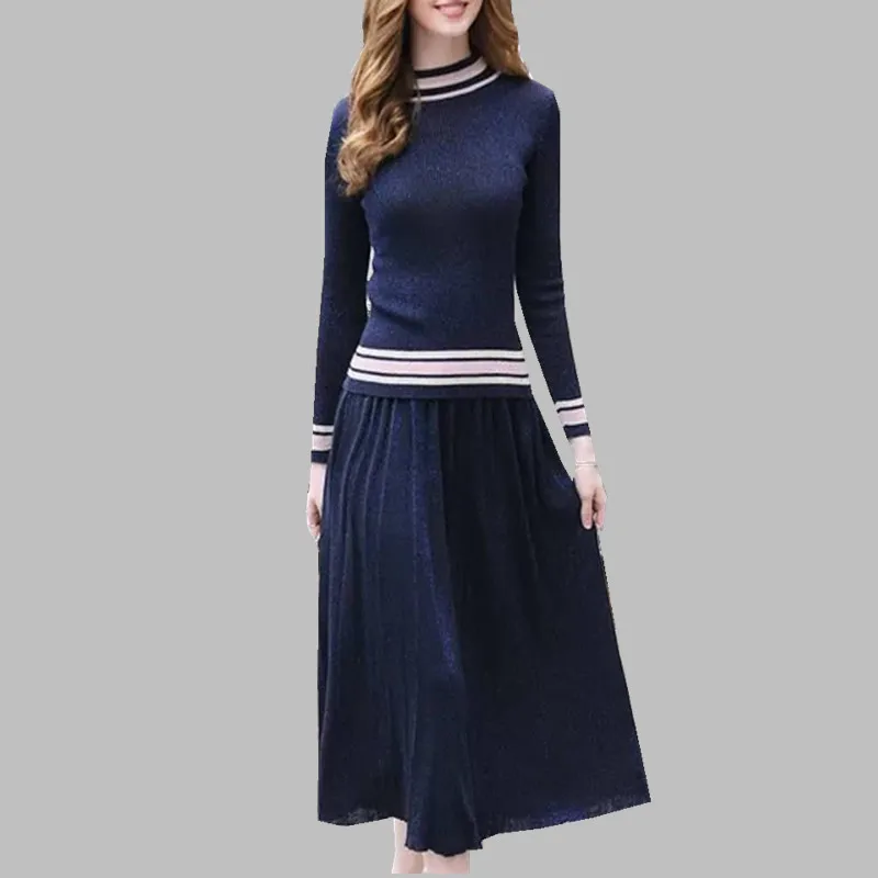 

HAMALIEL Spring Women Knit Skirt Suits 2019 Runway Bling Gold Long Sleeve Knitted Sweaters + Elegant Pleated Long Skirt Set
