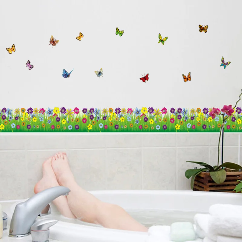 Butterfly Flowers Grass wall stickers Vinyl DIY Decals For Living room Bedroom Kids Baseboard Skirting Decor Murals | Дом и сад