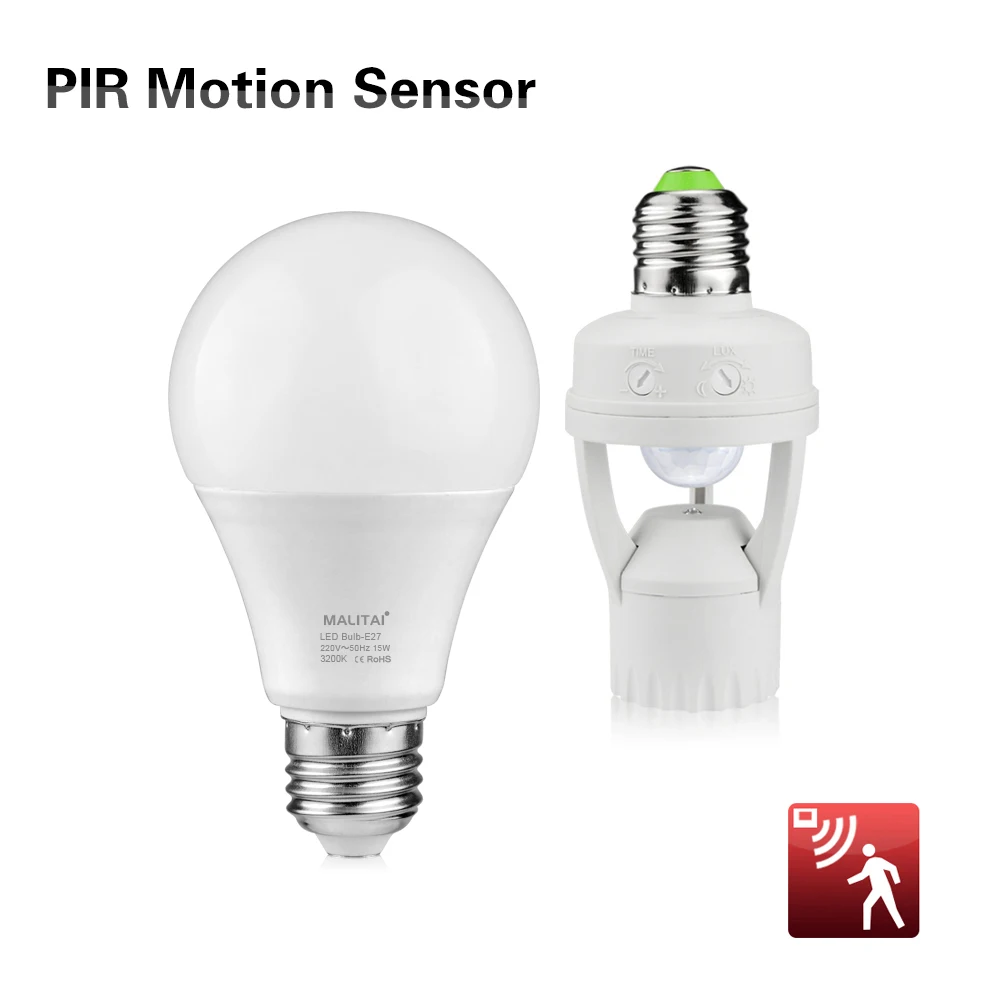 

220V E27 LED Lamp Holder With PIR Motion Sensor Switch Infrared Auto ON/OFF DIY 15W LED Bulb Light Home Night Emergency Lighting
