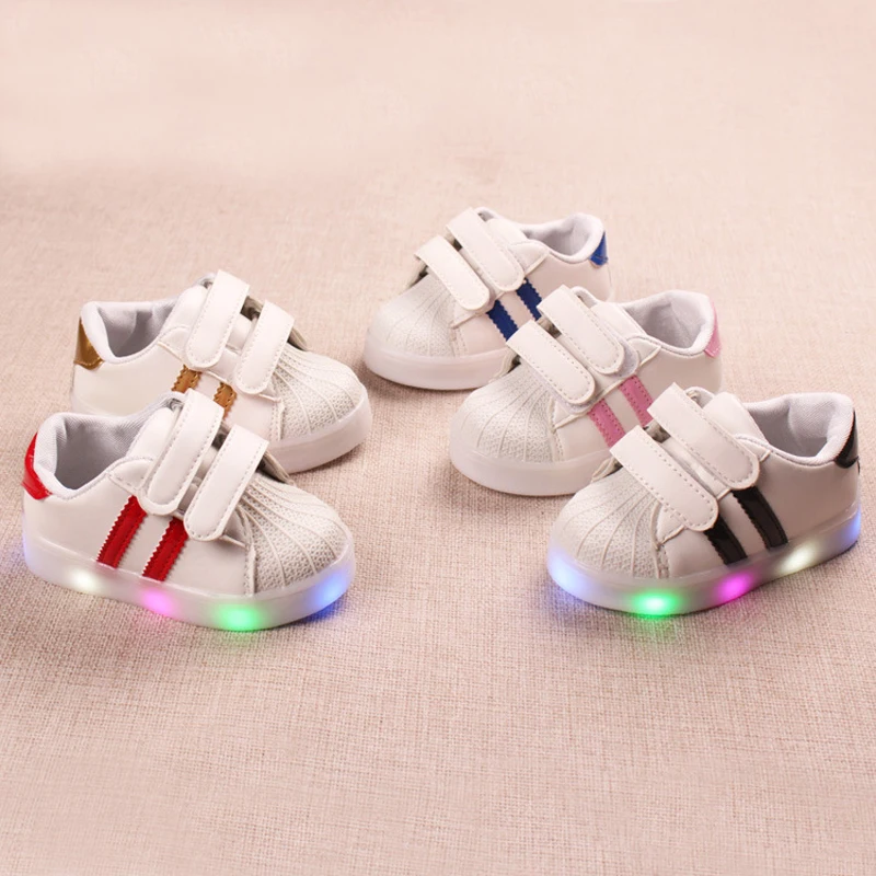 

Fashion infant tennis Hook&Loop baby first walkers sports LED lighted girls boys shoes Pu unisex solid baby sneakers footwear