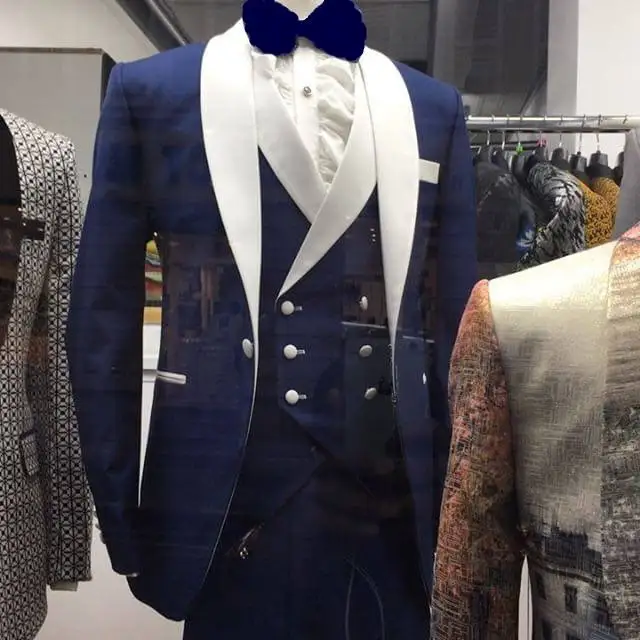 Модные темно-синие мужские вечерние костюмы, смокинги для жениха, смокинги для жениха, Свадебный блейзер(пиджак+ брюки+ жилет+ галстук