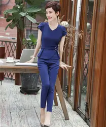 Формальные женские деловые костюмы 2 шт. брюки и топ комплект синий летний пиджак Женская рабочая одежда офисная форма дизайн стили