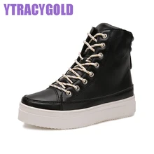 Lately Autumn Winter Fashion Boots women Genuine Leather Cool Short Barreled Boots Lace-up Heighten Casual Shoes Plataforma