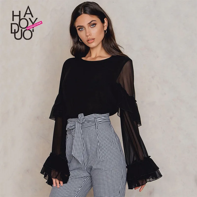 Haoduoyi outono estilo ocidental moda solta patchwork chiffon babados manga longa preto SML XL XXL Blusas camisa Ocasional da mulher