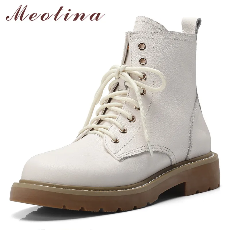 

Meotina Women Boots Autumn Ankle Boots Natural Genuine Leather Flat Short Boots Cow Leather Lace Up Shoes Lady Black Size 34-39