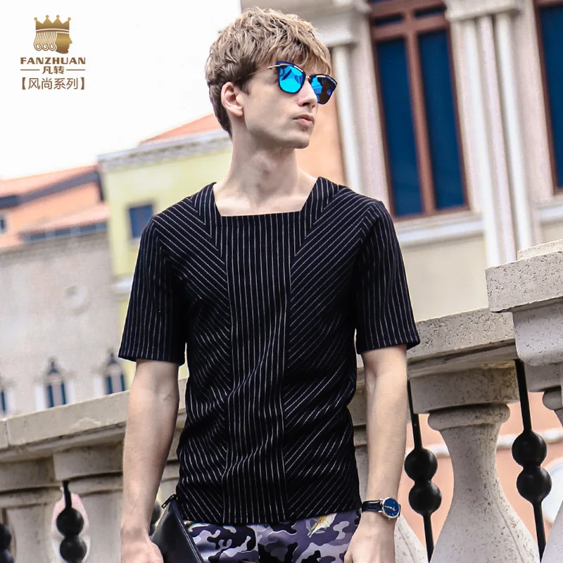 

FANZHUAN free shipping New fashion casual men's male 2017 short sleeved summer T shirt 715135 summer printed Stripe square neck