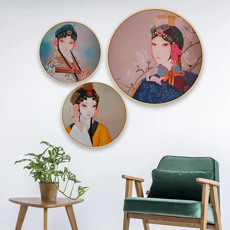 

Chinese style solid wood round decorative simple modern living room painting restaurant classical beijing opera background mural