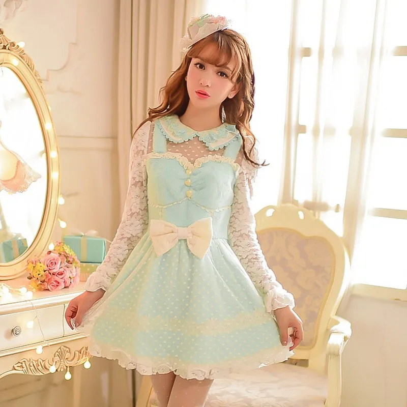 

Princess sweet lolita dress Candy rain new Autumn winter sweet warm mint hollow out lace stuffed Fake two piece dress C15CD5899