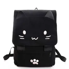 Cute Cat Canvas Backpack Cartoon Embroidery Backpacks For Teenage Girls School Bag Casual Black Printing Rucksack Mochilas