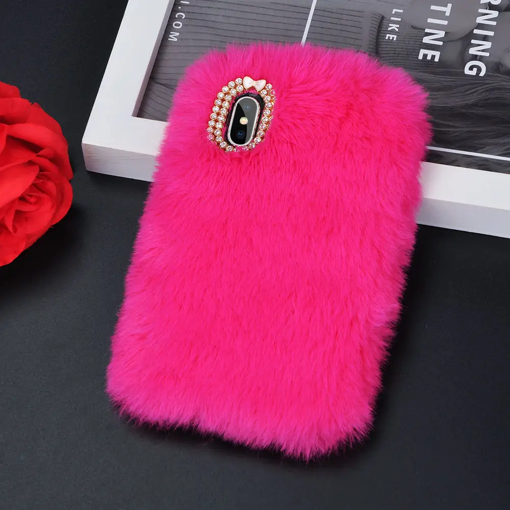 Милый плюшевый чехол для телефона с кроличьим мехом и бриллиантами для iPhone X, 6, 6S Plus, 7, 7 Plus, 8 Plus, милый пушистый мягкий чехол из ТПУ - Цвет: rose red