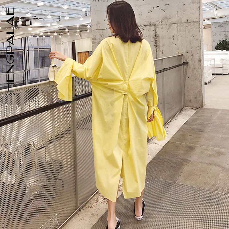 

SHENGPALAE 2019 Solid Yellow Round Collar Long Sleeve Waist Tie Back Bow Design New Summer Spring Women Korean Dress FN443