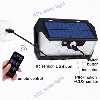 

55 leds Solar light remote control radar 3 side lighting usb port outdoor Garden yard street patio stair camp decor wall