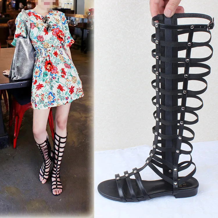 Женские высокие босоножки с вырезами открытым носком и перфорацией SXQ0605|boots