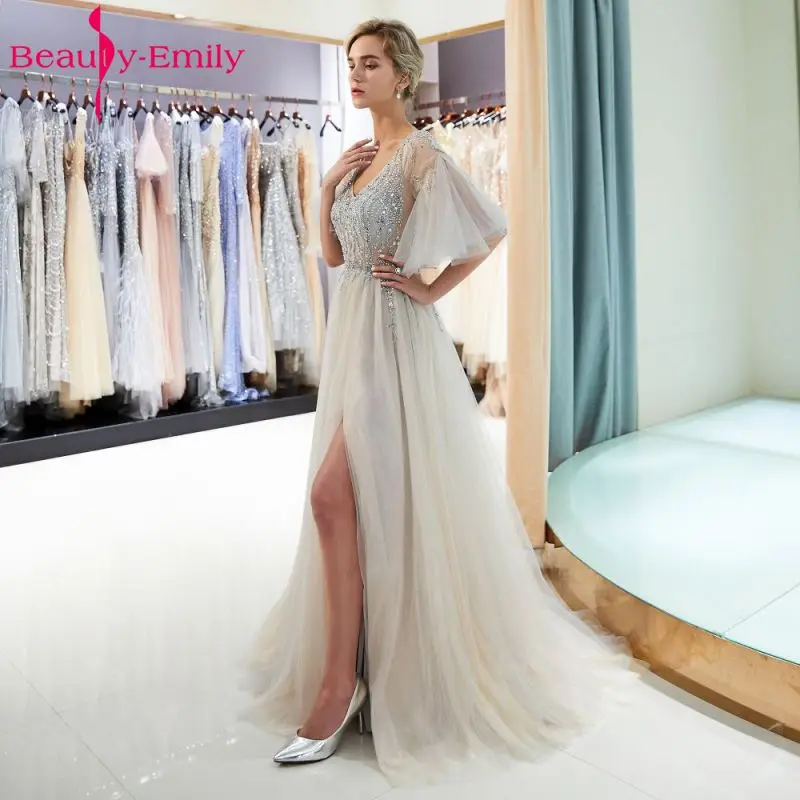 Beauty Emily Long Grey Beads Evening Dresses 2018 Short Sleeve Bodice Open Back Party Prom Dresses Elegant Vestido De Festa Beauty Emily Long Grey Beads Evening Dresses 2018 Short Sleeve Bodice Open Back Party Prom Dresses Elegant Vestido De Festa