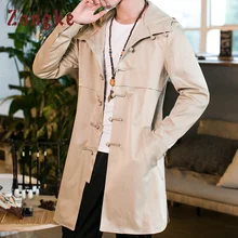 Zongke Chinese Style Solid Long Windbreaker Jacket Men Streetwear Clothes Hooded Jacket Men Hip Hop Men Jacket Coat Spring