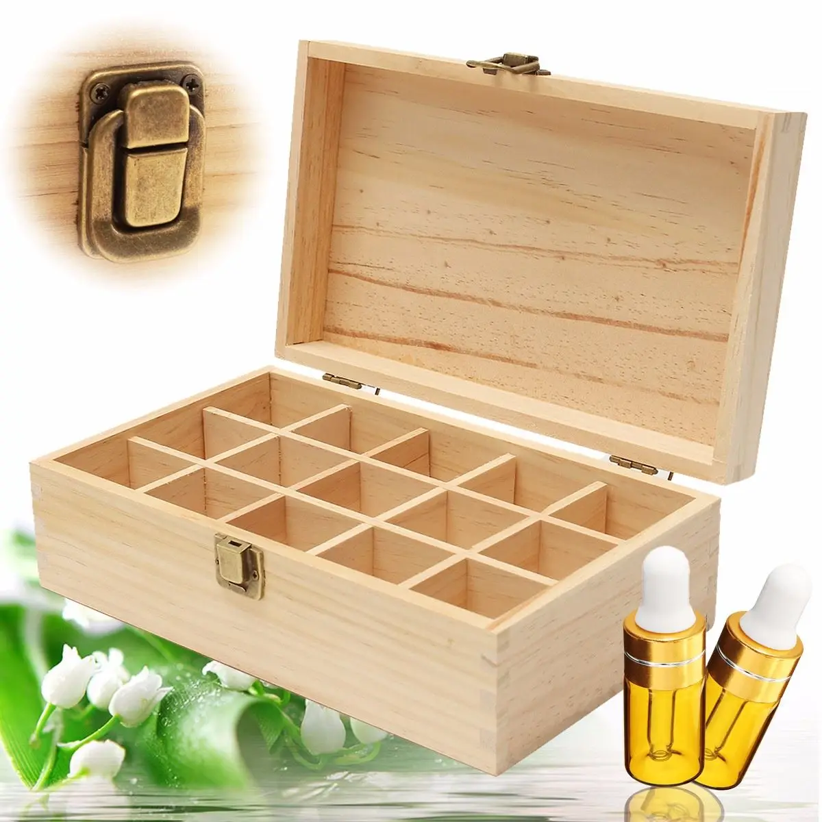 Multipurpose Portable Bottles Storage Box 15 Slots Wooden Essential Oil