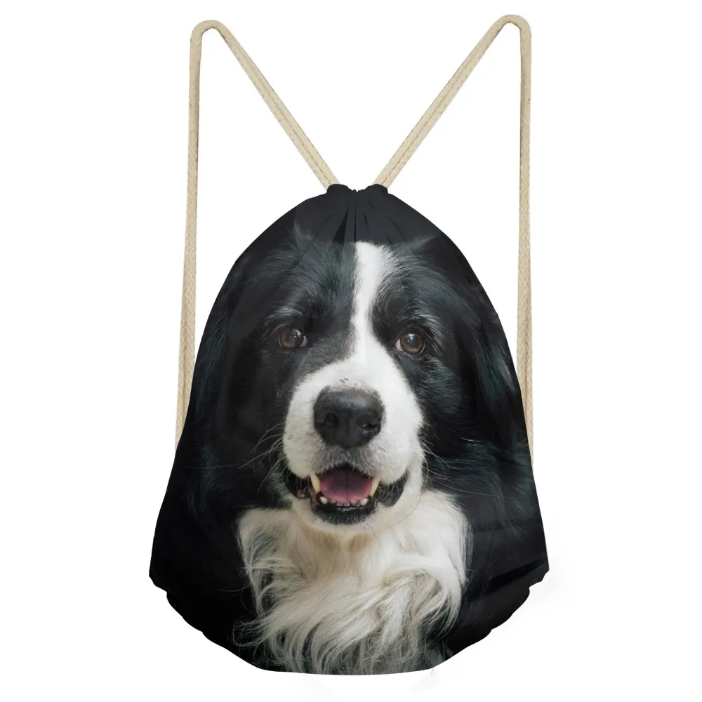 Casual Women Men Drawstring Bags Cute 3D Dog Border Collie Print Girls Soft Storage Backpacks School