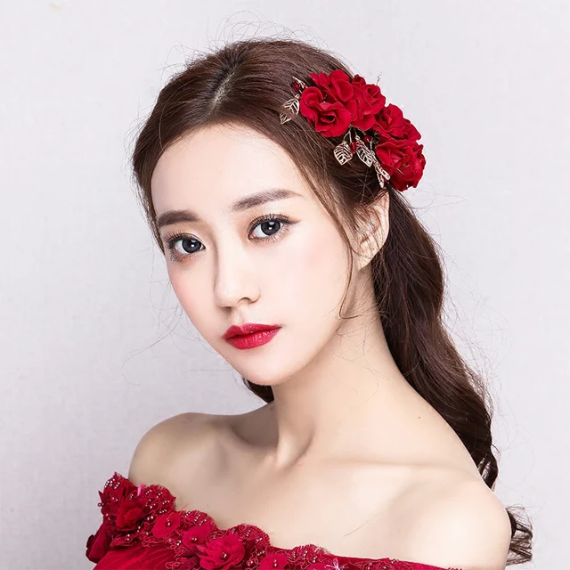 Red Flower Barrettes Gold Color Leaves Bridal Wedding Side Hair Clip Red Flower Barrettes Gold Color Leaves Bridal Wedding Side Hair Clip S Party Hairpin Headdress Women