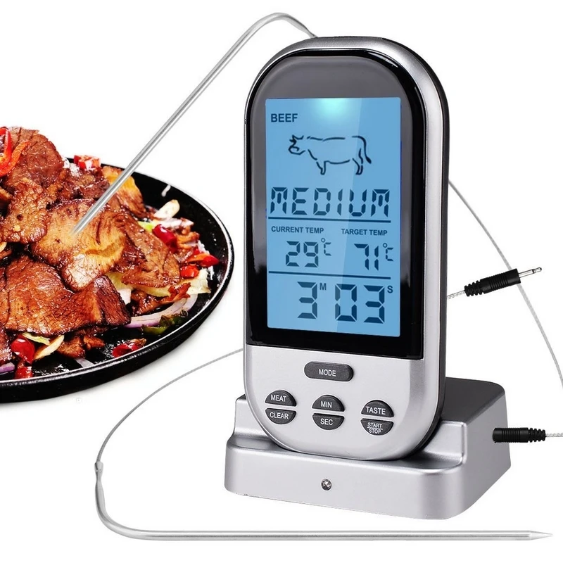 

LCD Digital Kitchen Food BBQ Thermometer Cooking Meat For Grill Oven Smoker Clock Timer With 8 Meat Modes Stainless Steel Probe