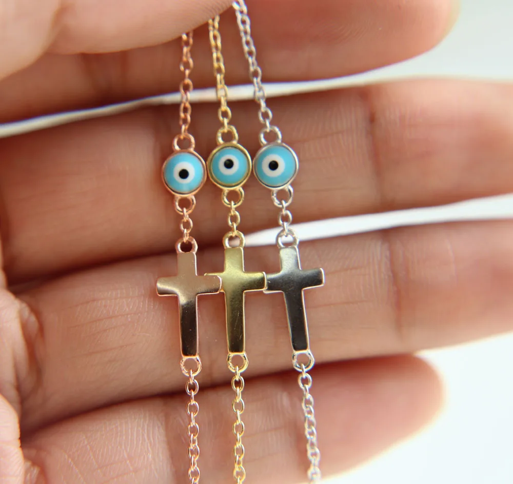 

100% 925 sterling silver three color fashion simple design little girl gift blue enamel eye cross connector silver bracelet