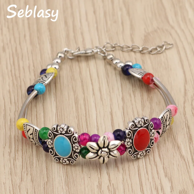 

Seblasy Vintage Maxi Big Statement Bohemian Natural Stone Beads Flowers Bracelets & Bangles for Women Hot Sale Tribal Jewelry