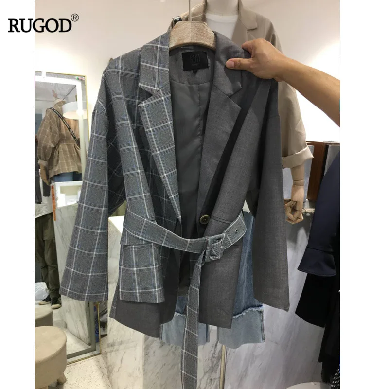 RUGOD 2019 элегантный клетчатый блейзер с поясом корейская мода пэчворк офисный