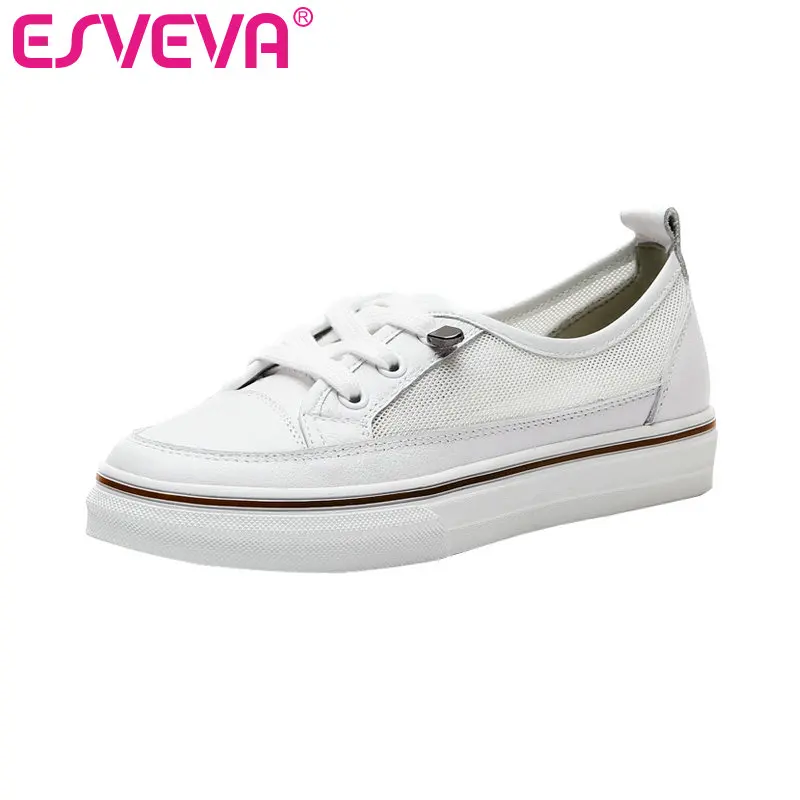 

ESVEVA 2019 Flat Women Shoes Solid Spring/Autumn Rubber Casual Lace Shallow Round Toe Soft Leather Miss Shoes Shallow Size 34-39