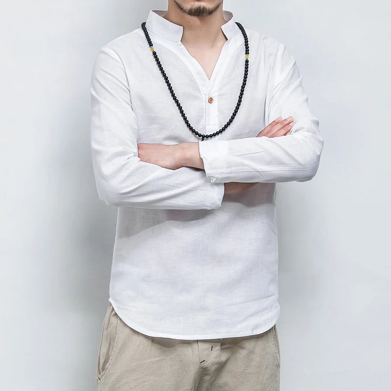 

Spring Solid Colors Casual Men Shirts Slim-type Cotton Linen Stand Neck Shirts Men Top Clothing Large Size Streetwear Camisa 5XL