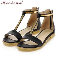 Meotina Shoes Women Sandals Summer Open Toe T-Strap Flat Sandals Flats Zip Sequined Beach Shoes White Ladies Shoes Size 42 43
