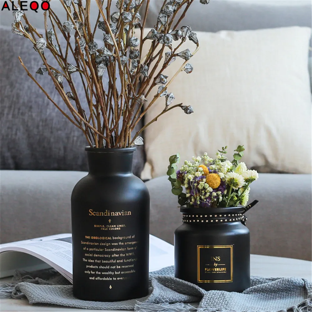 

Chic Black Glass Storage Jar Scandinavian Nordic Matt Paint Bronzing Word Desk Storage Bottle Organizer Flower Container Decor