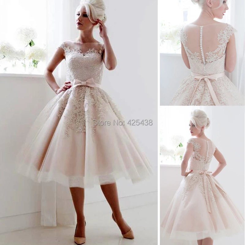 Vintage 1950 s Style Cap Sleeves Tea Length Saudi Short Wedding Dress Champagne Lace See through