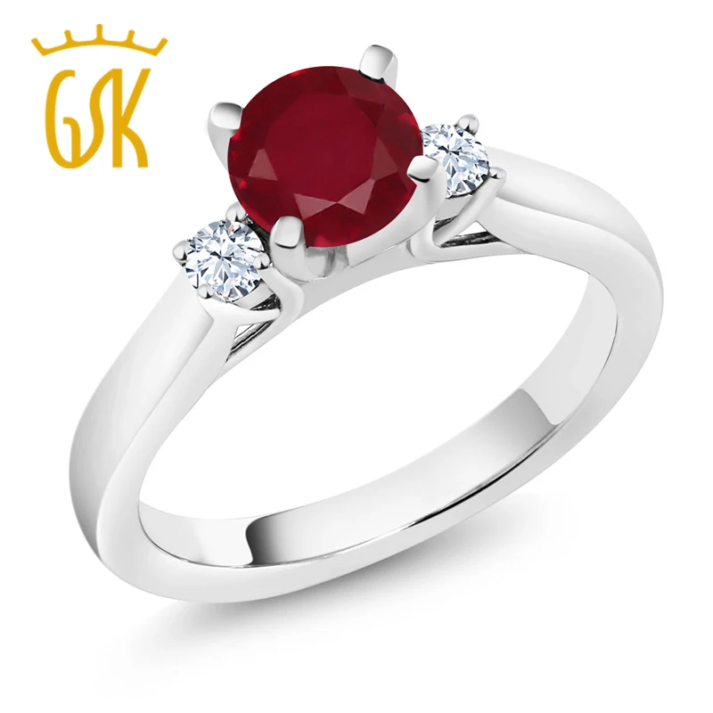 GemStoneKing Ruby Silver Ring 1.26 Ct Round Red Ruby White Created