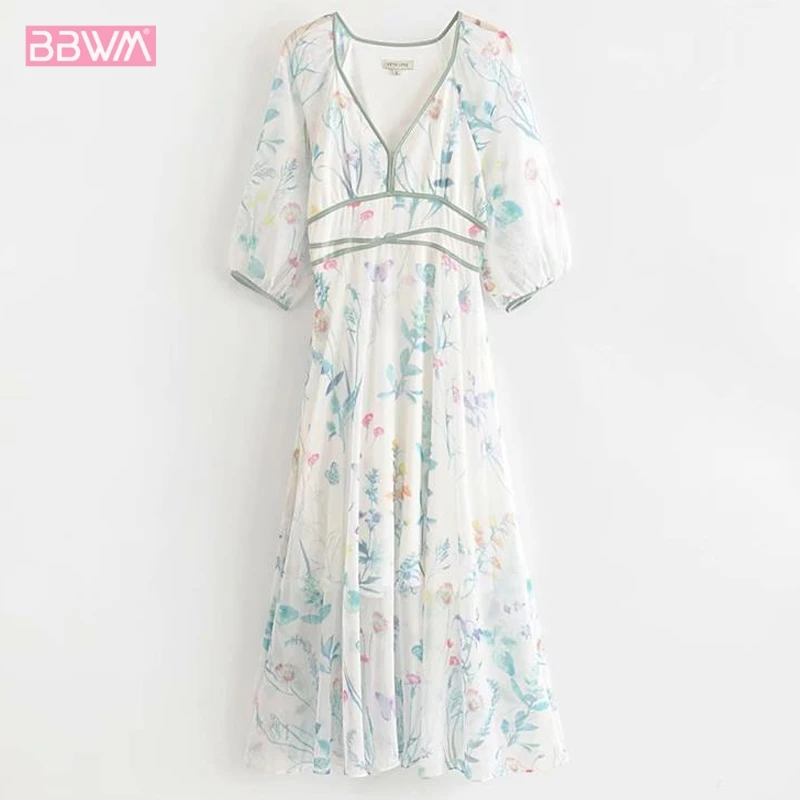 

2019 summer new loose thin slim wild V-neck long-sleeved printed waist female dress Beach leisure vacation over the knee Women's