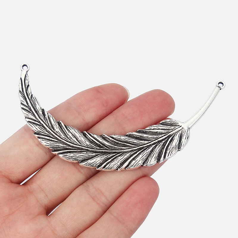 

10pcs Antique Silver Alloy Large Feather Leaf Charms Pendants Connector For Necklace Jewelry Making Findings 94x18mm