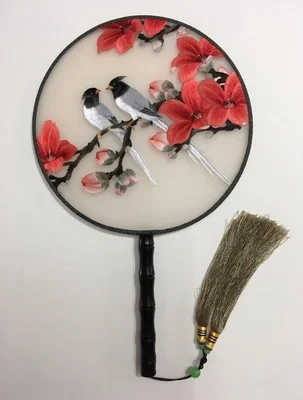 Ручная работа шелк тутового шелкопряда готовая Сучжоу вышивка круглый веер двусторонняя вышивка животные птицы и веер с цветами 5