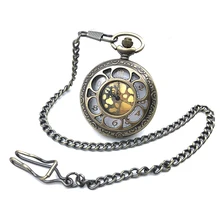 Bronze Tone Hollow Case Skeleton Steampunk Quartz Movement Mens Pocket Watch w/Chain Arabic Number Half Hunter Watch Nice Gift