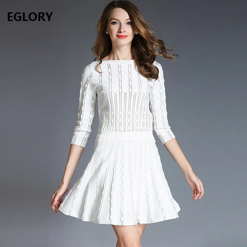 

2019 Spring Autumn New Knitted Sweater Sets 2 Piece Suit Ladies Knit Tops Pullover+A-Line Mini Skirt Suit Casual Crop Sets Woman