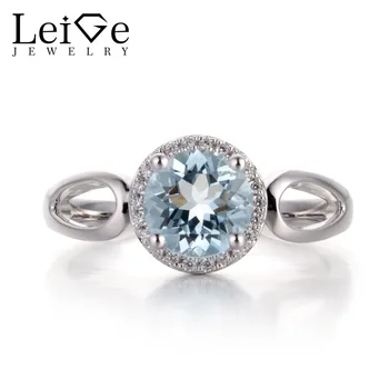 

Leige Jewelry Natural Aquamarine Light Blue Color Gemstone Round Cut Prong Setting Halo Rings Romantic Gift For Woman 925 Silver