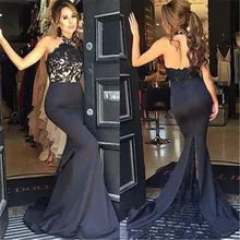 Moderne 2016 Schwarz Prom Kleider Satin Halter Nixe-abschlussball Backless Spitze Appliques Gericht Zug Sexy Prom Kleider