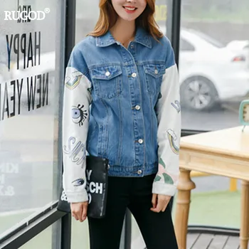 

RUGOD New Arrival Funny Print Jean Jacket Women Fashion White Sleeve Patchwork Denim Coat Female Summer Autumn Bomber Jacket