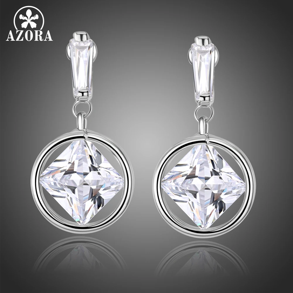 AZORA Silver Color Drop Earrings for Women Round Dangle Square Clear Zirconia Earrings Female Jewelry Limited Edition TE0339