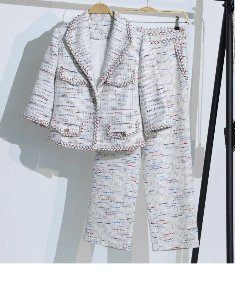 Office Lady two piece Tweed Set Women Crop Top Blazer Tweed Jacket and Wide pants Sets Autumn Winter Outfit Coat trousers suits