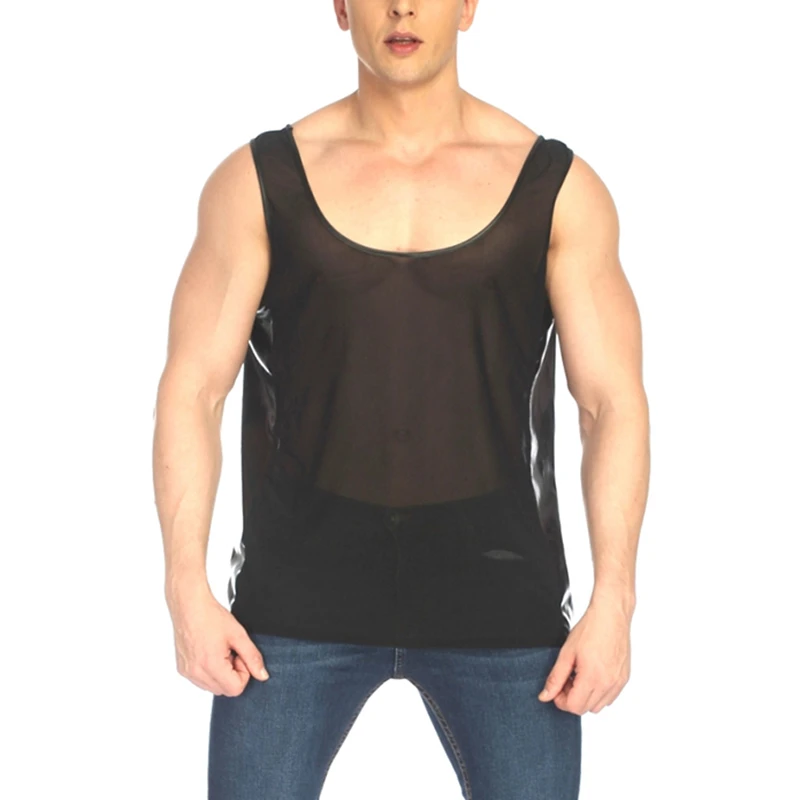 Camiseta interior cuero transparente para hombre, ropa interior Gay fetiche, empalme lateral, malla transparente, sin costuras|Camisetas - AliExpress