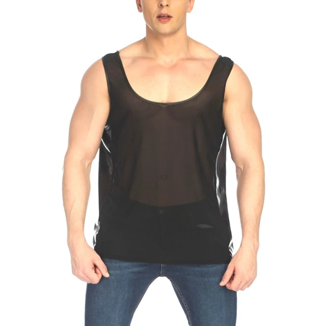 Men Undershirt Gay Fetish Lingerie Side Leather Splice Transparent Mesh See Through Shirt Seamless Underwear Male Men Undershirt Gay Fetish Lingerie Side Leather Splice Transparent Mesh See Through Shirt Seamless Underwear Male
