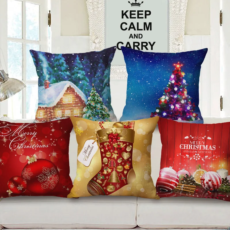 Merry Christmas Holiday Cushion Covers Xmas Stocking Tree Baubles Santa
