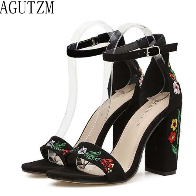 

AGUTZM New Women Sandals Embroider High Heels Open Toe Sandals Woman Elegant Floral Summer Dress Wedding Shoes Black V149